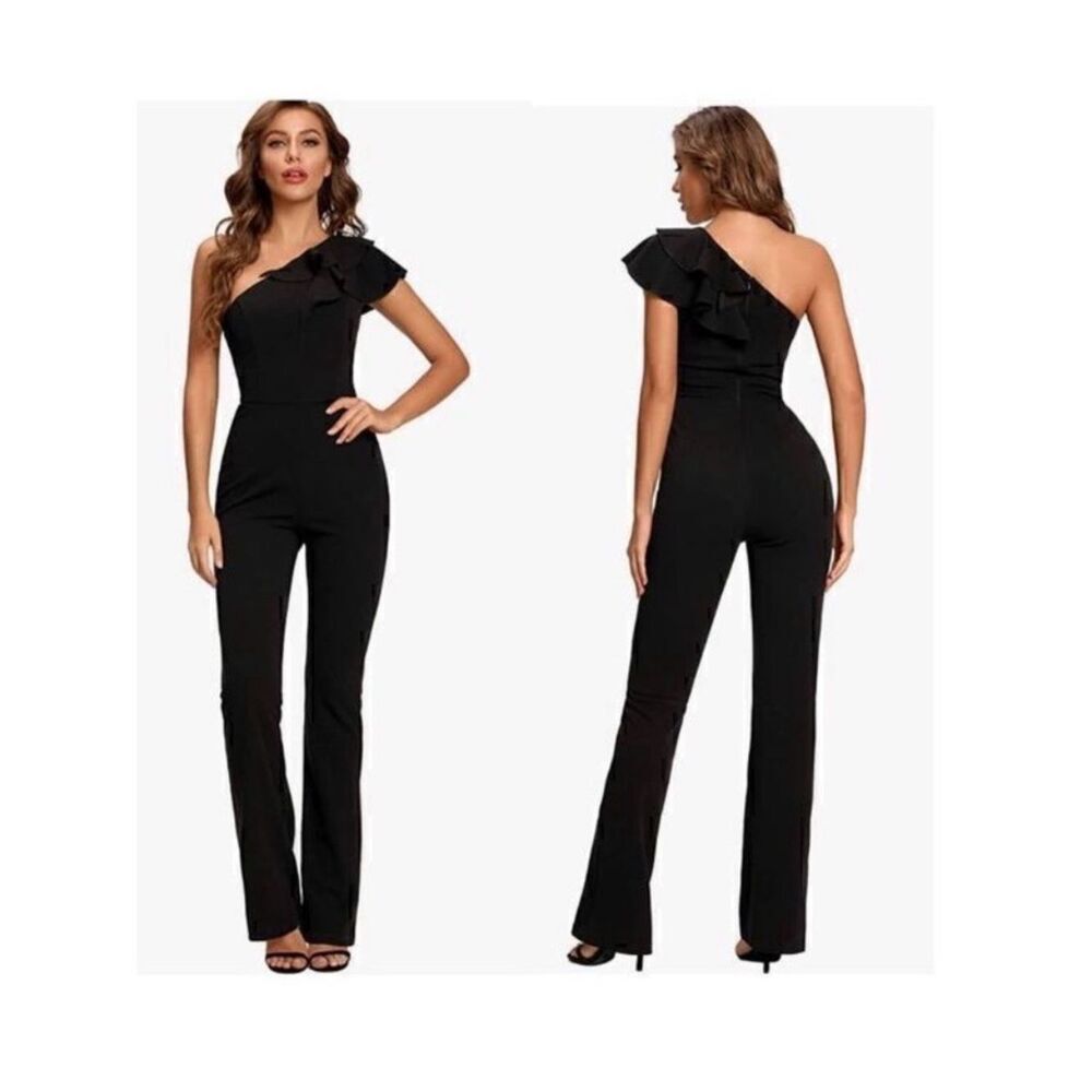 SUGAR POISON Women's Sleeveless Ruffle One Shoulder High Waist Long Jumpsuit